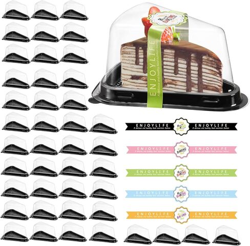ZILAMGOO 100 Pack Cake Slicing Box with 100Pcs Sticker, Disposable Clear Plastic Cake Box with Lid Individual Cheesecake Container for Cake, Tiramisu, Mousse (Black) in Kuwait