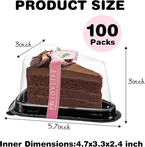 ZILAMGOO 100 Pack Cake Slicing Box with 100Pcs Sticker, Disposable Clear Plastic Cake Box with Lid Individual Cheesecake Container for Cake, Tiramisu, Mousse (Black) in Kuwait