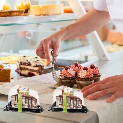 ZILAMGOO 100 Pack Cake Slicing Box with 100Pcs Sticker, Disposable Clear Plastic Cake Box with Lid Individual Cheesecake Container for Cake, Tiramisu, Mousse (Black) in Kuwait