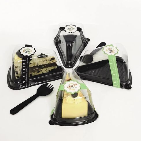 ZILAMGOO 100 Pack Cake Slicing Box with 100Pcs Sticker, Disposable Clear Plastic Cake Box with Lid Individual Cheesecake Container for Cake, Tiramisu, Mousse (Black) in Kuwait