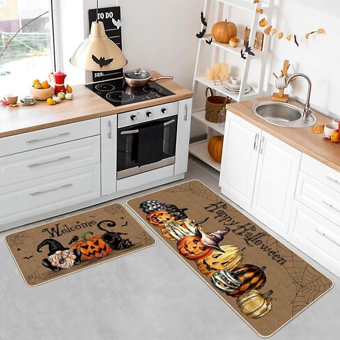 TREWAVE Halloween Kitchen Rug Set of 2 Happy Halloween Pumpkin Kitchen Mat Non-Slip Floor Rug for Home Kitchen Halloween Decorations - 17x29 and 17x47 Inch in Saudi Arabia