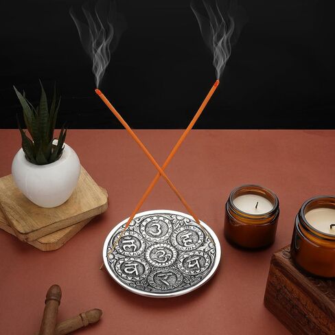 Ajuny Aluminum Round Incense Sticks Burner with Ash Catcher Silver Finish Tibetan Style Seven Chakra Carved Design 11.5 cm Holder Meditation Accessories Spiritual Home Decor Fragrance in Saudi Arabia