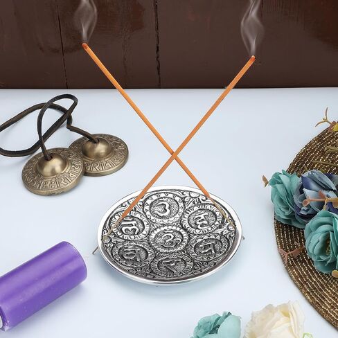 Ajuny Aluminum Round Incense Sticks Burner with Ash Catcher Silver Finish Tibetan Style Seven Chakra Carved Design 11.5 cm Holder Meditation Accessories Spiritual Home Decor Fragrance in Saudi Arabia