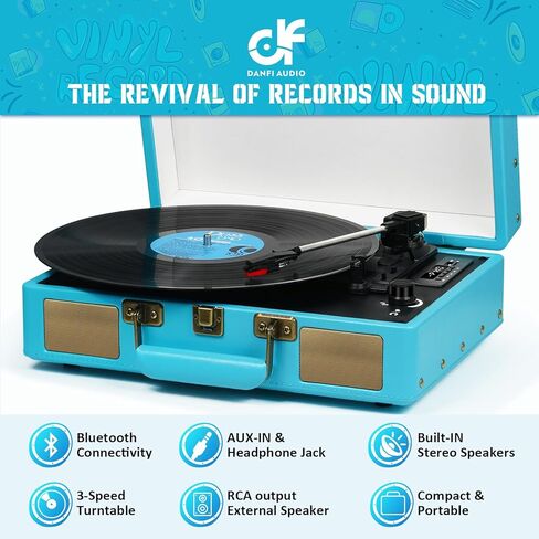 Vintage 3-Speed Bluetooth Portable Suitcase Record Player with Built-in Speakers, Vinyl Record Player Turntable with USB SD MP3 Recording, RCA/AUX/Headphone Jacks, Black in Kuwait