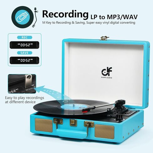 Vintage 3-Speed Bluetooth Portable Suitcase Record Player with Built-in Speakers, Vinyl Record Player Turntable with USB SD MP3 Recording, RCA/AUX/Headphone Jacks, Black in Kuwait