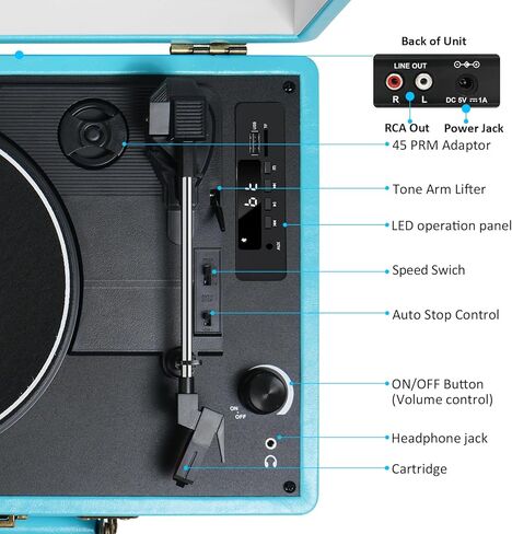 Vintage 3-Speed Bluetooth Portable Suitcase Record Player with Built-in Speakers, Vinyl Record Player Turntable with USB SD MP3 Recording, RCA/AUX/Headphone Jacks, Black in Kuwait