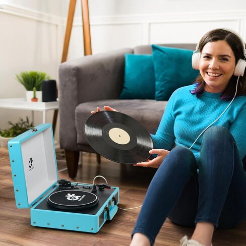 Vintage 3-Speed Bluetooth Portable Suitcase Record Player with Built-in Speakers, Vinyl Record Player Turntable with USB SD MP3 Recording, RCA/AUX/Headphone Jacks, Black in Kuwait