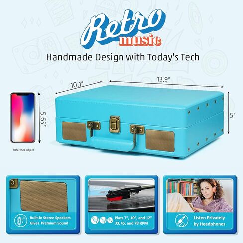 Vintage 3-Speed Bluetooth Portable Suitcase Record Player with Built-in Speakers, Vinyl Record Player Turntable with USB SD MP3 Recording, RCA/AUX/Headphone Jacks, Black in Kuwait