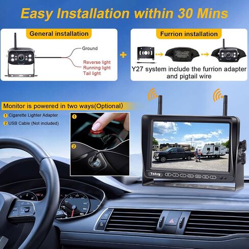 RV Backup Camera Wireless Recording 2 Cameras - Plug and Play Pre-Wired for Furrion System Night Vision 4 Channels HD 1080P 7'' Touch Key Monitor Rear View Camera for Trailer/Trucks/Camper Yakry Y28 in Saudi Arabia