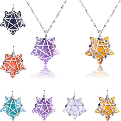 Natural Crystal Necklace & Healing Crystal Necklace Star Shaped Stones Quartz Gemstone Necklaces Jewelry Silver Wire Wrapped Pendant for Women Pentagram for Chakra Reiki Gifts(30MM) in Saudi Arabia
