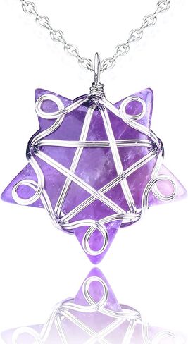 Natural Crystal Necklace & Healing Crystal Necklace Star Shaped Stones Quartz Gemstone Necklaces Jewelry Silver Wire Wrapped Pendant for Women Pentagram for Chakra Reiki Gifts(30MM) in Saudi Arabia