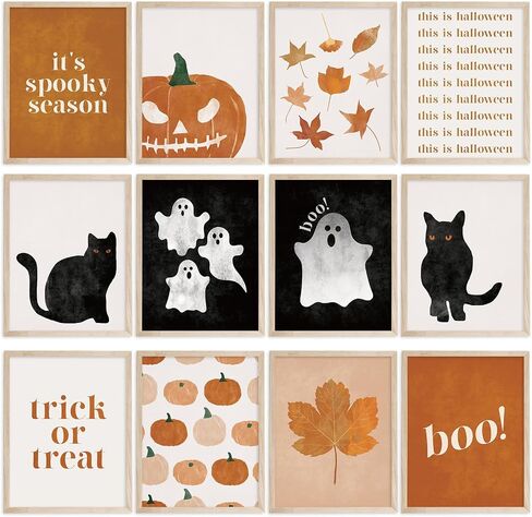JarThenaAMCS 12Pcs Halloween Wall Art Prints Boho Pumpkin Ghost Black Cat Art Poster Fall Black Orange Wall Decor for Autumn Gallery Living Room Bedroom (UNFRAMED 8 x 10 Inch) in Saudi Arabia