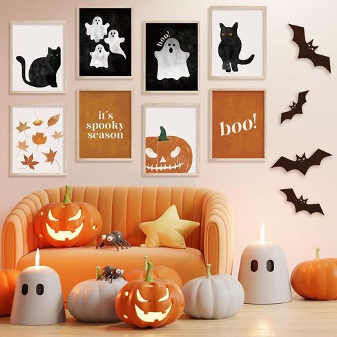 JarThenaAMCS 12Pcs Halloween Wall Art Prints Boho Pumpkin Ghost Black Cat Art Poster Fall Black Orange Wall Decor for Autumn Gallery Living Room Bedroom (UNFRAMED 8 x 10 Inch) in Saudi Arabia