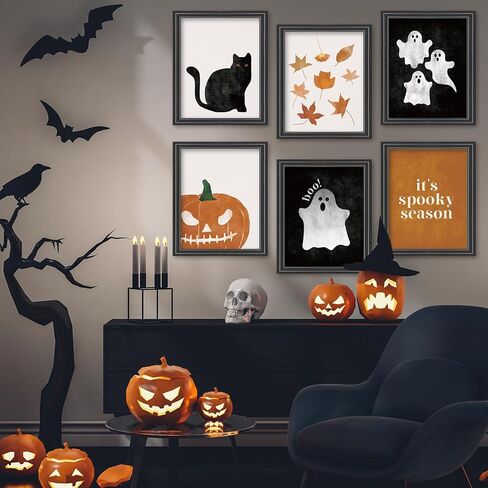 JarThenaAMCS 12Pcs Halloween Wall Art Prints Boho Pumpkin Ghost Black Cat Art Poster Fall Black Orange Wall Decor for Autumn Gallery Living Room Bedroom (UNFRAMED 8 x 10 Inch) in Saudi Arabia