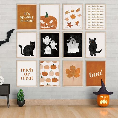 JarThenaAMCS 12Pcs Halloween Wall Art Prints Boho Pumpkin Ghost Black Cat Art Poster Fall Black Orange Wall Decor for Autumn Gallery Living Room Bedroom (UNFRAMED 8 x 10 Inch) in Saudi Arabia