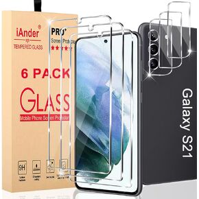 iAnder 3 Pack Glass Screen Protector for Galaxy S21, 3 Pack Camera Lens Protector with Easy Installation Tray, Supports Fingerprint Sensor, HD Retina Clarity, Case Friendly