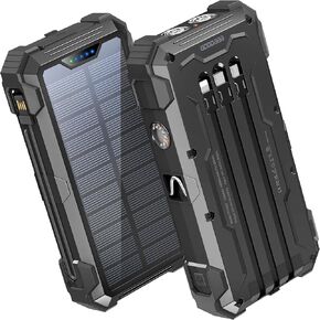 GOODaaa Power Bank Solar Charger 42800mAh Built in 4 Cables and Thermometer 15W Fast Charging Power Bank Five Outputs Three Inputs Solar Charger Power Bank, SOS/Strobe/Strong Flashlights, Carabiner