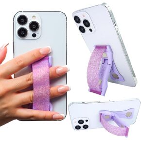 LoveHandle PRO Premium Phone Grip - Silicone Phone Strap - Magnetic Phone Mount and Kickstand for Smartphone and Tablet - Amethyst Glitter Silicone