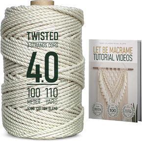 LET BE Macrame Cord 3mm x 110Yards, Easy Tutorial Videos, Premium Twisted Cotton Blend Cord Natural Color for Wall Decor, Wall Hanging Plant and Home Decor (3mm x 100m)