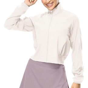 icyzone Women's Sun Protection Cropped Jackets, UPF 50+ Workout Long Sleeve Shirts with Pockets for Outdoor Fitness