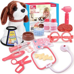 KidEwan 22Pcs Veterinarian Doctor Kit for Kids Medical Pretend Role Play Interactive Electric Dog Plush & Cage,Dress Up Costume ,Pet Grooming Feeding Toys Boys Girls Toddlers 3 4 5 6 7 Year (Style A)