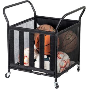 MyGift Mesh Fabric Multi Sports Ball Open Storage Hopper with Matte Black Metal Frame, High Portability Gym or Playground Equipment Basket Cart with Rolling Wheels for Basketball, Soccer Ball