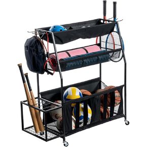MyGift 3 Tier Multi-Sports Ball Trolley Cart Industrial with Matte Black Metal Frame and Mesh Fabric Shelf Baskets, Gym Equipment Sporting Gear Storage Organizer Rack with Rolling Wheels 6 Hooks