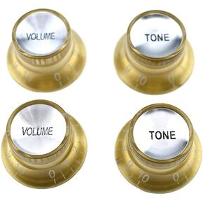 HAHIYO Top Hat Guitar Bell Knobs 6mm Inside Diameter Keep Flush with SG Epiphone Clear Word Control Speed Volume Tone Knob Reflector Cap Guitar for Les Paul Guitar Bass Pots Amp Plastic Gold 2sets
