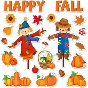 Whaline 42Pcs Fall Thick Gel Clings Men and Women Scarecrow Window Gel Decals Pumpkin Harvest Window Clings for Autumn Thanksgiving School Home Wall Decor
