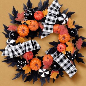 Valery Madelyn Collapsible Halloween Fall Wreath for Front Door with Lights, 24 Inch Pre-Lit Orange Pumpkin Wreath Black Maple Leaves Halloween Decorations Indoor for Table Centerpiece Thanksgiving