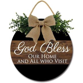 FemiaD God Bless Our Home Porch Sign Rustic Welcome Wreaths Sign for Farmhouse Decorations Wood Hanging Sign for Home Decor Outdoor Indoor 12inch