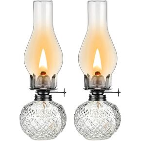 2 Pieces Rustic Oil Lamp Lantern Large Classic Kerosene Lamp Vintage Glass Kerosene Lamp Chamber Oil Lamps with 3/8" Lamp Wick for Indoor Use Home Decor Lighting Black