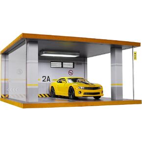 cxiiuui Hot Wheels Display Case Car with LED Light and Acrylic Cover 1/24 Scale Parking Garage Wooden Diecast Car Show Case 2 Parking Spaces Yellow and White