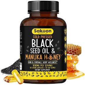 Cold Pressed Black Seed Oil Capsules with Manuka Honey (Halal) | High Potency 2%+ Thymoquinone | 1000mg Nigella Sativa | 60 Count Bottle for Holistic Health Support
