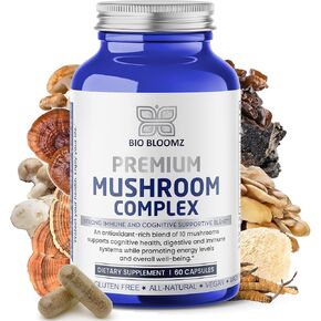 Premium Mushroom Complex Capsules - Lion's Mane Supplement Wellness Formula with Turkey Tail, Shiitake, Cordyceps, Reishi, Chaga, Maitake - Immune Support Mushrooms Herbal Supplements - 60
