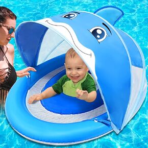 AMENON Unicorn Baby Swimming Pool Float with UPF50+ Removable Canopy Safety Seat Widen Double Airbag, No Flip Over Inflatable Toddler Babies Swim Ring Floatie for Age 6-36 Months Toddler Infant