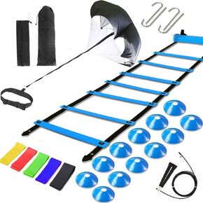 Agility Ladder Speed Training Equipment Set, Includes 12 Rung Agility Ladder,Running Parachute,Jump Rope,Resistance Bands,12 Resistance Cones for Football,Basketball,Hockey Training Athletes