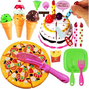 Play Food Set with Cutting Pizza Toy, Birthday Cake Toy, Ice Cream Toy Play Set, Fries - Toy Desserts, Pretend Play Food Kit Play Kitchen Accessories (36 Pieces)