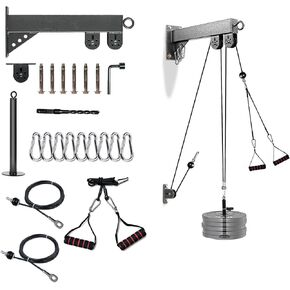 Wall Mounted LAT Pulldown Machines with LAT Pulldown Bar Tricep Rope Resistance Band Handles Loading Pin, Fitness Cable Pulley System for Bicep Curl Back Shoulder, Home Gym DIY Equipment