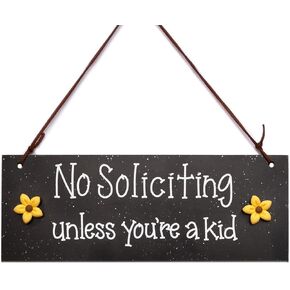 INSOVITA No Soliciting Unless You're A Kid, No Soliciting Sign for House Funny, Small Wooden Hanging Sign for Home or Office, 9.5 x 3.5 Inches