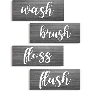 COLOR VALLEY ART Bathroom Wall Decor Black and White, Wooden Signs Bathroom Art - Wash Brush Floss Flush (Black)