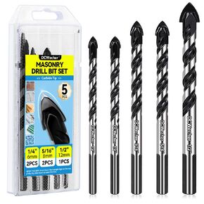 Concrete/Masonry Drill Bit Set 5-Pack (1/4" 5/16" 1/2") Industrial-Strength Masonry/Cement Drill Bits, Tri-Shank Heavy-Duty Carbide Tip for Concrete, Brick, Tile & Glass