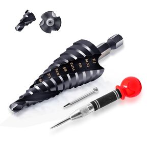 Hakkin M35 Cobalt Unibit Step Drill Bit for Metal 1/4"-3/4", Titanium-Coated HSS Step Drill Three Spiral Flute Step Drill Bit Set and Automatic Center Punch, 1/4" Hex Shank for Wood Aluminum Plastic