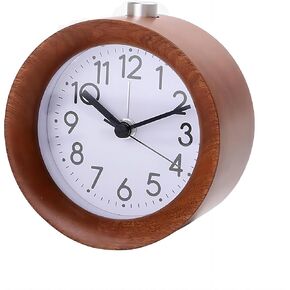 Lancoon Round Wooden Alarm Clock, Analog Non Ticking Silent with Arabic Numerals Night Light Snooze Function Battery Operated Easy to Set for Desktop Bedroom Bedside (Brown)