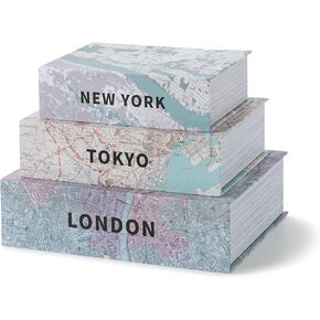 Soul & Lane Decorative Book Boxes with City Maps - Set of 3: New York, Tokyo, London - Faux Book Boxes for Storage and Decoration, Travel and Adventure Home Decor