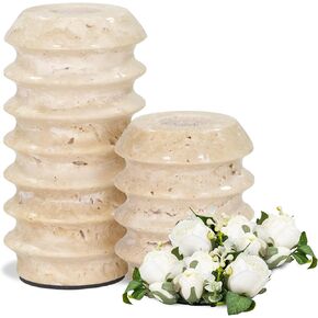 White Candle Holder Set of 2, Natural Marble Candlestick Holder Decorative, Travertine Candle Stand with Artificial Flowers for Living Room, Wedding, Party, Holds Candles up to 3/4" Thick
