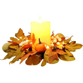 Fall Candle Rings 12inch Pumpkin Maple Leaf Candle Holder Rings with Berries Artificial Candle Garland for Table Wedding Parties Thanksgiving Halloween Decor (#1)