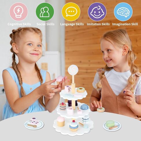 Wooden Tea Party Set, Tea Set for Little Girls 1-3 Toddler Tea Sets for Girls 2-4 with Wooden Toys Food Pretend Play Tea Party Wooden Kitchen Toys Playset Christmas Birthday Gift in Kuwait