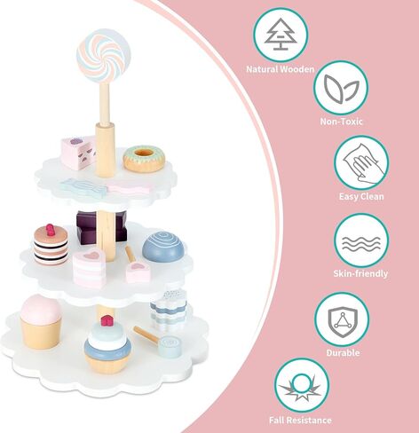 Wooden Tea Party Set, Tea Set for Little Girls 1-3 Toddler Tea Sets for Girls 2-4 with Wooden Toys Food Pretend Play Tea Party Wooden Kitchen Toys Playset Christmas Birthday Gift in Kuwait