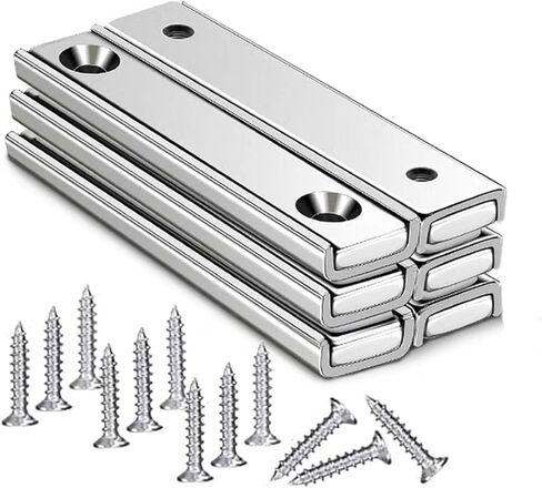 مغناطيس شريط نيوديميوم قوي من الدرجة N52 مع فتحة غاطسة، مغناطيس وعاء مستطيل عالي التحمل مع براغي للتركيب على الحائط، مغناطيس أرضي نادر قوي (6 عبوات) in Kuwait